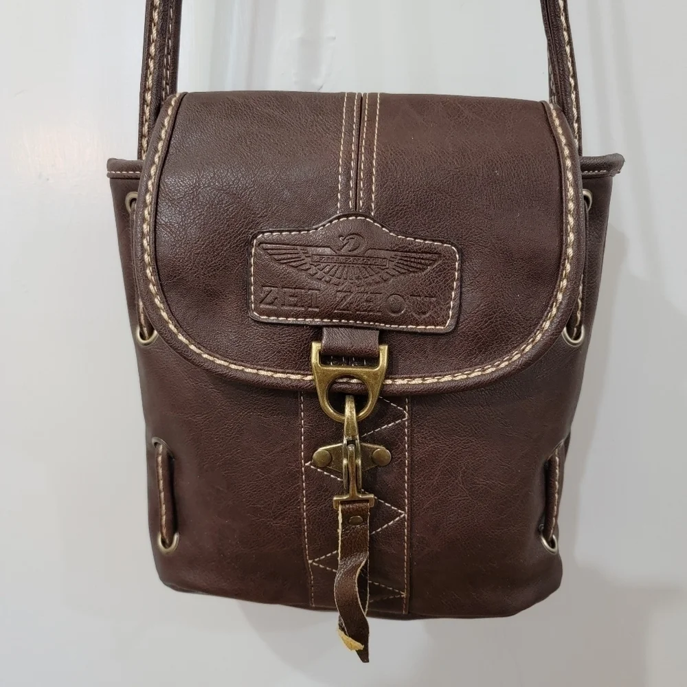 Zhi Zhou Crossbody Bag Flap Top Brown with Contrast Stitching